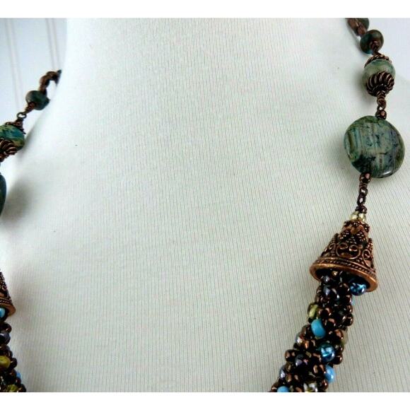 Statement Necklace Turquoise Howlite Beryl Color Copper Tone Metal Ornate Beads - Picture 8 of 12
